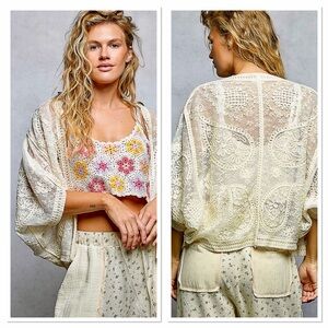 👄 Hello Gorgeous! POL Open Front Crochet Cardigan with Floral Embroidery